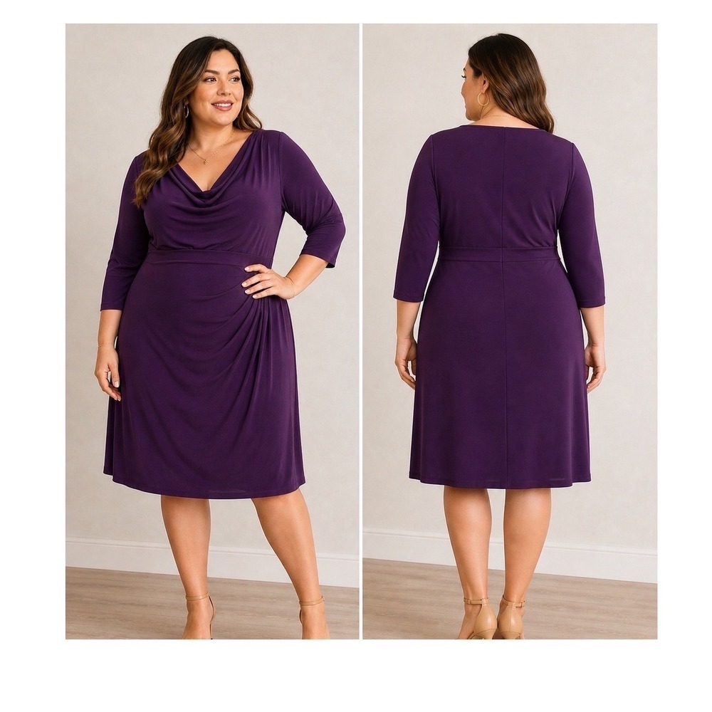 Lauren Ralph Lauren Women Purple Cowl Neck Ruched Sheath Dress 18W Stretch Jerse